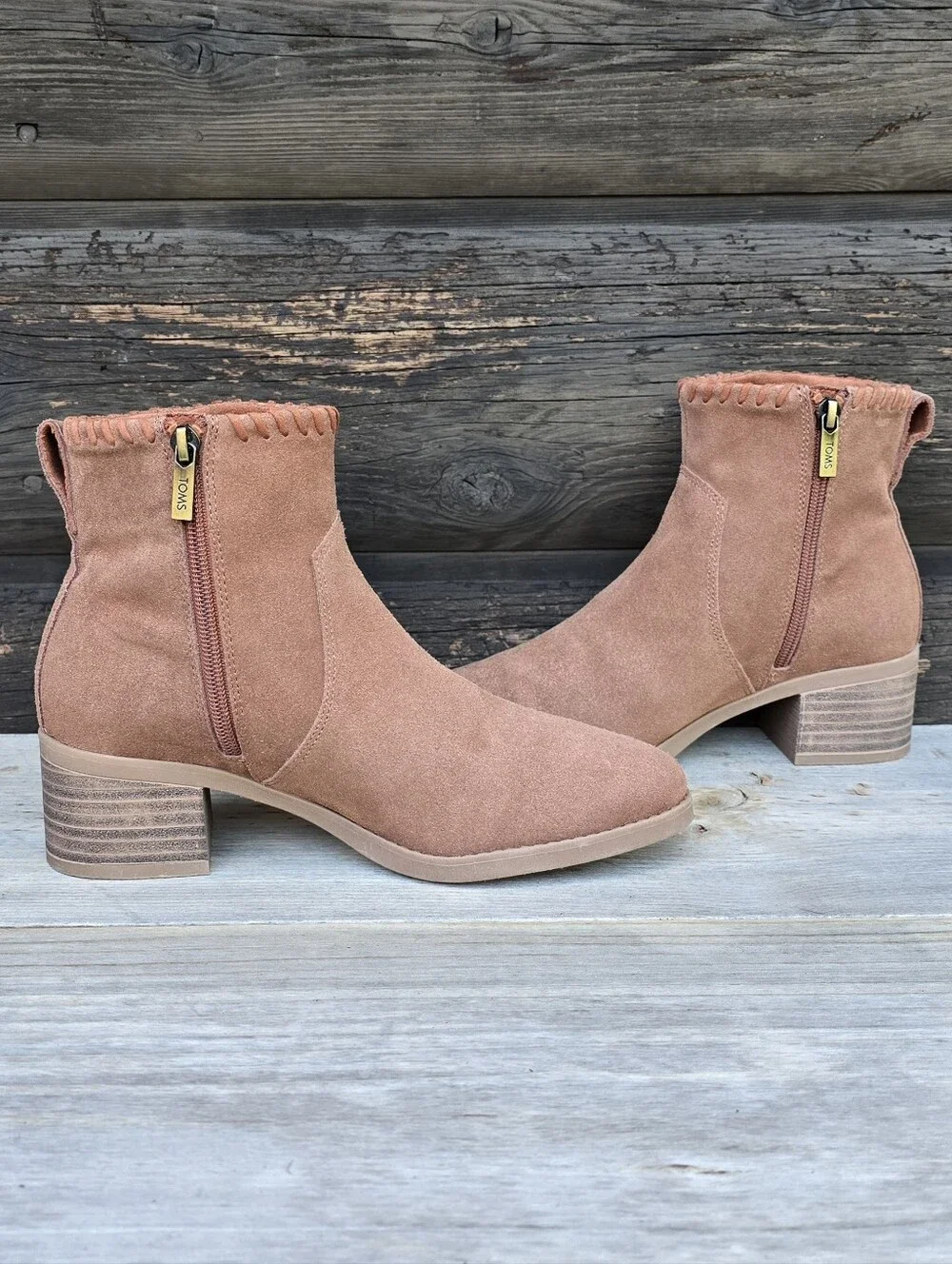 Toms NEW Delilah Western Boho Minimalist Suede Whipstich Block Heel Bootie 6.5M
